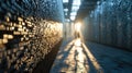 A person walking down a long hallway with many rows of computer keyboards, AI