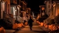 A person walking down a sidewalk with carved pumpkins. Generative AI image.