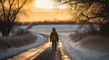 Person walking down a snowy road at sunset Royalty Free Stock Photo