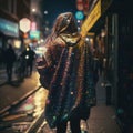 a person walking down a street at night with a raincoat on. generative ai