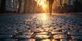 Person Walking Down a Street at Sunset. Generative AI Royalty Free Stock Photo