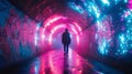 A person walking down a tunnel with neon lights and graffiti, AI