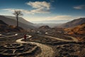 A person walking down a winding road with curves in the middle of a mountain Royalty Free Stock Photo