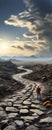 A person walking down a winding road with curves in the middle of a mountain Royalty Free Stock Photo