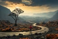 A person walking down a winding road with curves in the middle of a mountain Royalty Free Stock Photo