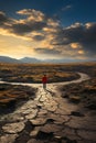 A person walking down a winding road with curves in the middle of a mountain Royalty Free Stock Photo