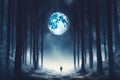 person, walking through a dreamlike forest, with the moon shining above