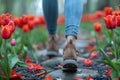 Person Walking Through a Field of Red Tulips Royalty Free Stock Photo