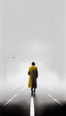 Man with Yellow dress walking on a foggy road, Generative AI illustration Royalty Free Stock Photo