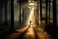 a person walking through a forest with sunbeams coming through the trees Royalty Free Stock Photo
