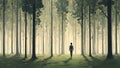 A person walking through a forest of trees, each representing a different cognitive bias, and getting lost in their own