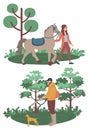 Woman with Horse, Man with Dog Hunting Vector