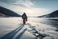 person, walking through frozen fjord, with snowshoes and backpack visible