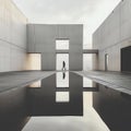 a person walking through a large concrete building