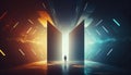 Person walking through the light portal to another dimension. Generative AI Royalty Free Stock Photo