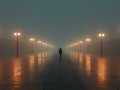 a person walking in the middle of a foggy street