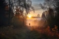 person, walking on misty forest trail, with view of the sunrise Royalty Free Stock Photo