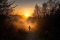 person, walking on misty forest trail, with view of the sunrise Royalty Free Stock Photo