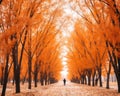 a person walking through an orange tree lined path