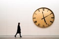 a person walking past a large clock with roman numerals