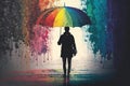 person, walking in the rain, with colorful umbrella and rainbow above