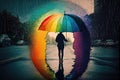 person, walking in the rain, with colorful umbrella and rainbow above