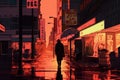Person is walking, rear view. Lo-fi style city. Beautiful illustration picture. Generative AI Royalty Free Stock Photo