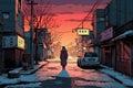 Person is walking, rear view. Lo-fi style city. Beautiful illustration picture. Generative AI Royalty Free Stock Photo