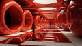 a person walking through a red tunnel with lots of red circles on the floor