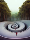 A person walking through a spiral tunnel in the forest. Generative AI image.