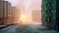 Person walking on the street in a gloomy snowy city. Residential buildings during snowstorm, looking abandoned. Generative AI