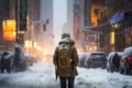 Person walking the street during a snow storm. Heavy snow in evening city Royalty Free Stock Photo
