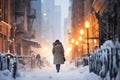 Person walking the street during a snow storm. Heavy snow in evening city Royalty Free Stock Photo