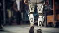 Person walking on the street wearing robotic prosthetic legs with electrical actuators