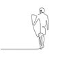 Person walking with surf board. Surfing sport theme. Summer break and vacation minimalism vector illustration isolated on white Royalty Free Stock Photo