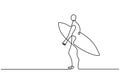 Person walking with surf board. Surfing sport theme. Summer break and vacation minimalism vector illustration isolated on white Royalty Free Stock Photo