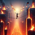 A person walking a tightrope over a pit of lava while jugglin Royalty Free Stock Photo