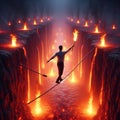 A person walking a tightrope over a pit of lava while jugglin Royalty Free Stock Photo