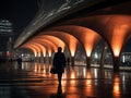 a person walking under a bridge at night