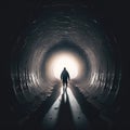 person walks along long dark tunnel towards the light, symbol of hope, rebirth