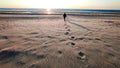 a person walks on the beach towards the setting sun