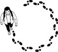 A person walks in a circle, leaving a closed trail, which symbolizes a lack of progress and aimlessness. Royalty Free Stock Photo