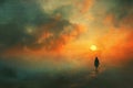 Person walks in foggy sunset, red sky afterglow on natural landscape