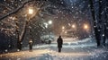 Person walks on snowy path under street lamps on quiet winter night, AI-generated. Royalty Free Stock Photo