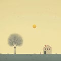 Serene And Tranquil Scenes: Animated Illustrations Of A Small Tree, Sky, And House