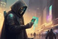 person, with wallet and keys, being robbed by android thief in futuristic city