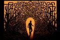 Person wanders in labyrinth of his consciousness. Man silhouette in mase of his mand. Mental health and depression