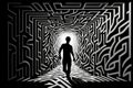 Person wanders in labyrinth of his consciousness. Man silhouette in mase of his mand. Mental health and depression