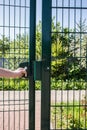 Person wants get in on playground through the little gate of welded wire Royalty Free Stock Photo