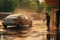 Person Washing Car Using Bucket Instead Of Hose. Generative AI